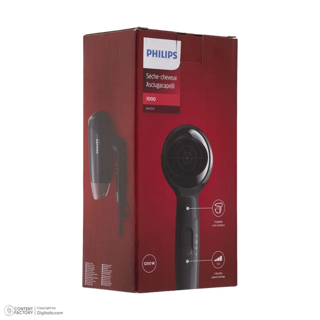 سشوار مسافرتی 1200 وات فیلیپس مدل BHC010، موتور DC، وزن 340 گرم، دارای سری متمرکز‌کننده په 102698359